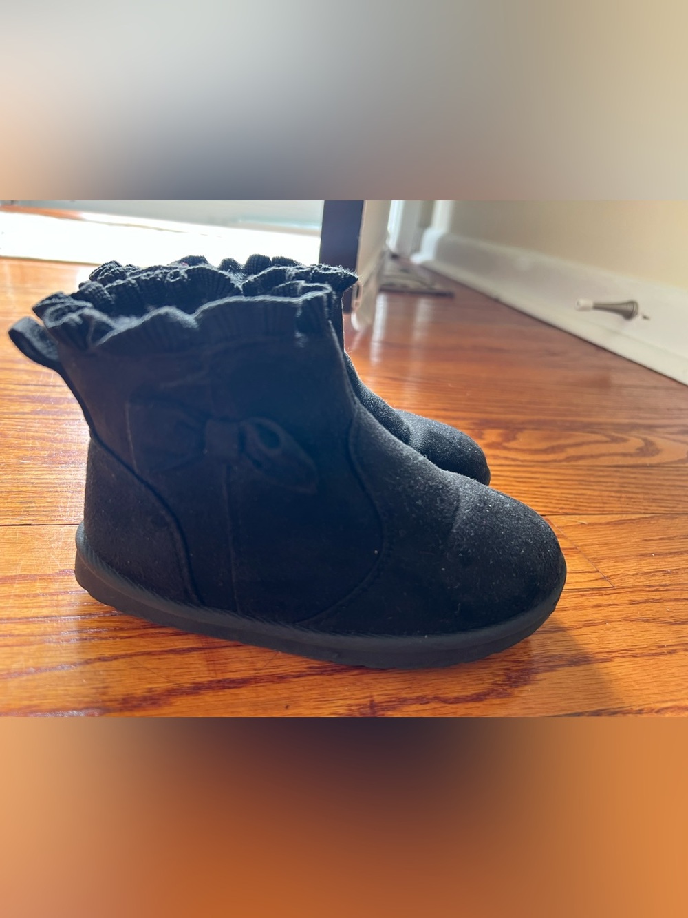 wonder nation Black Ruffle Ankle Boots with Side Bow Accent